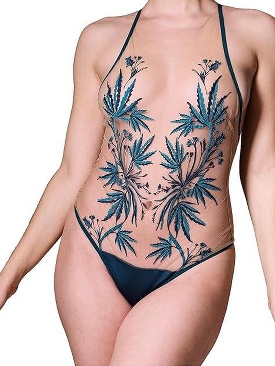 Thistle and Spire Tops - Thistle and Spire Teal Floral Embroidered Sheer Bodysuit